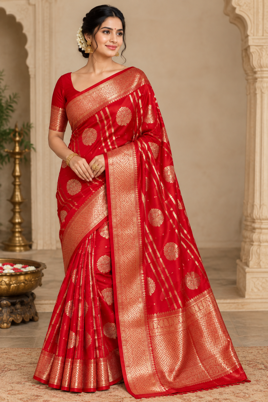 Red color Banarasi soft dupion silk saree