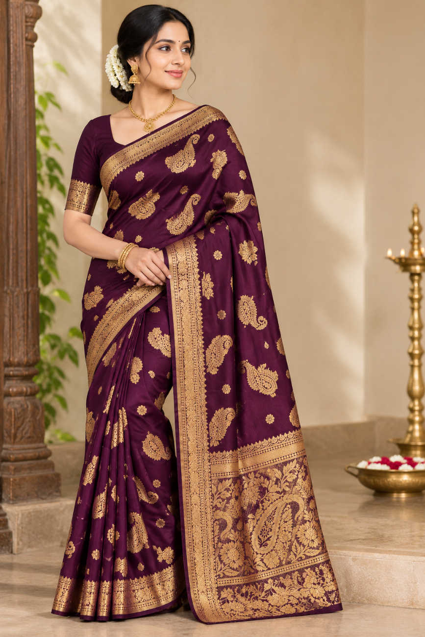 Rich coffee brown color with golden zari woven mysore silk saree