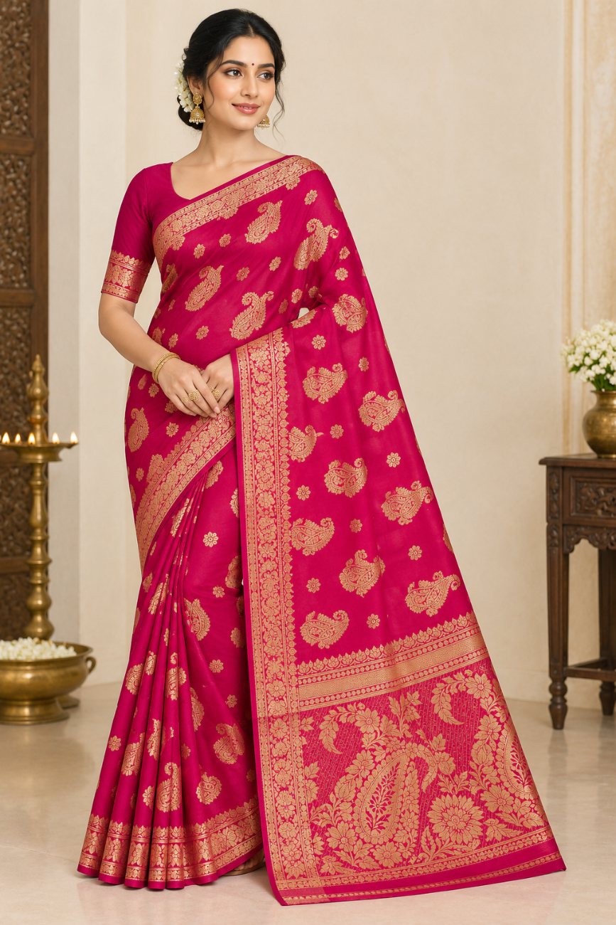 Magenta pink with golden zari work mysore silk saree