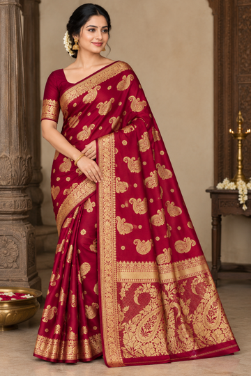 Maroon color with golden zari work mysore silk saree