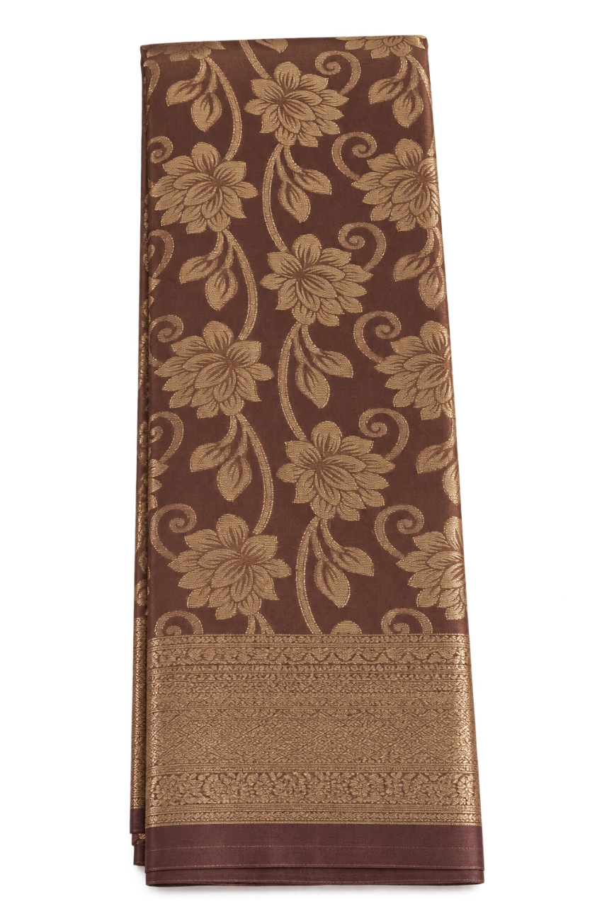 Coffee brown color mysore silk saree with gold zari floral jaal design