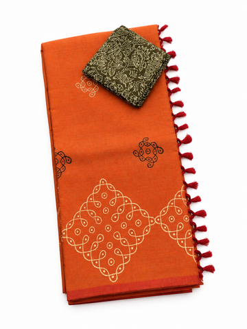 Orange color with  floral inspired south cotton saree