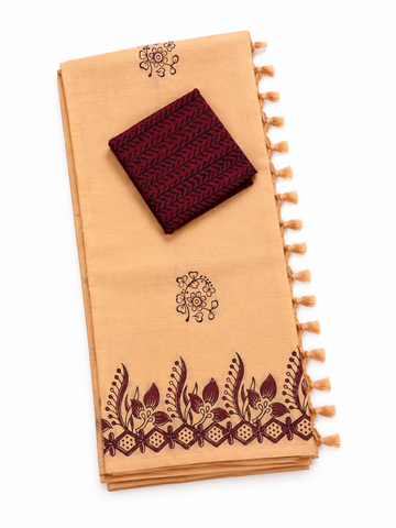 Pastel Peach color with maroon floral print south cotton saree