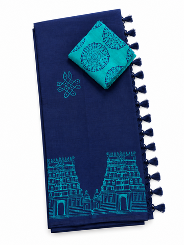 Navy blue with Turquoise blue printed south cotton saree