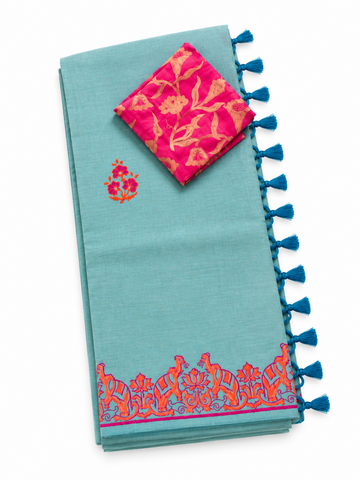 Aqua blue with bright pink printed south cotton saree