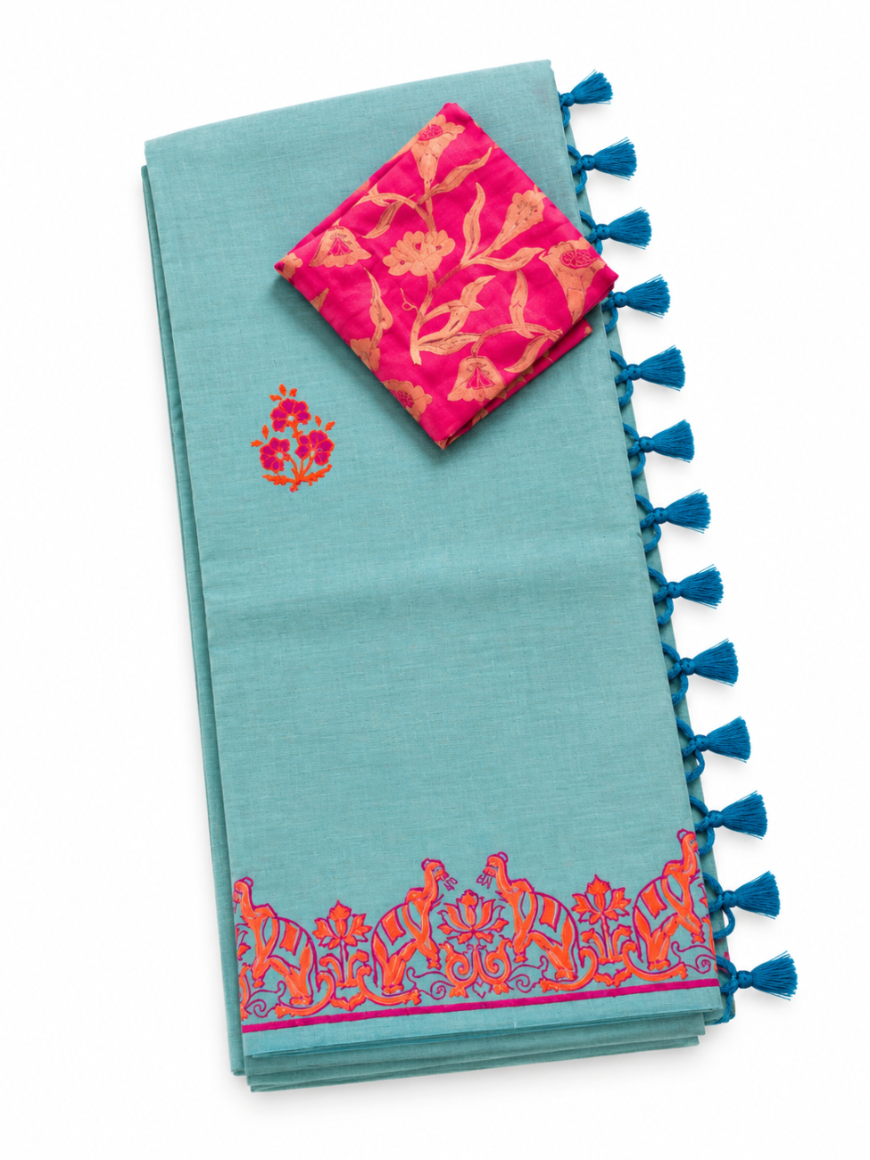 Aqua blue with bright pink printed south cotton saree
