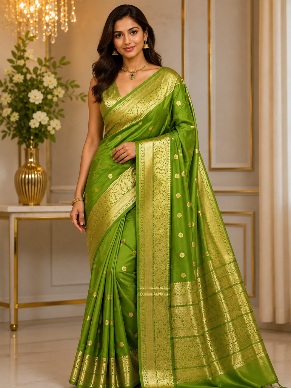 Parrot green color banarasi silk saree