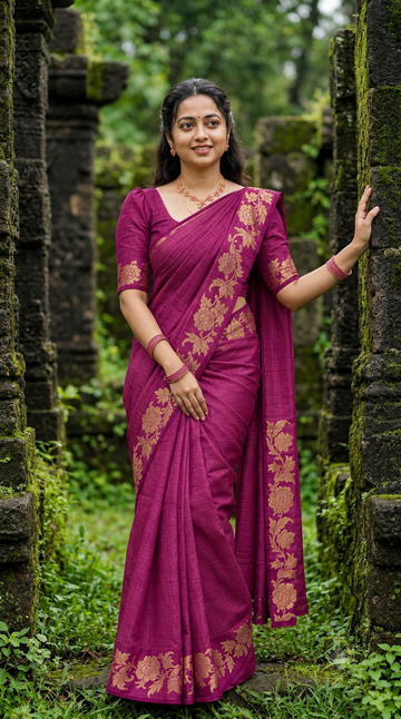 Plum pink with golden floral design tussar silk saree