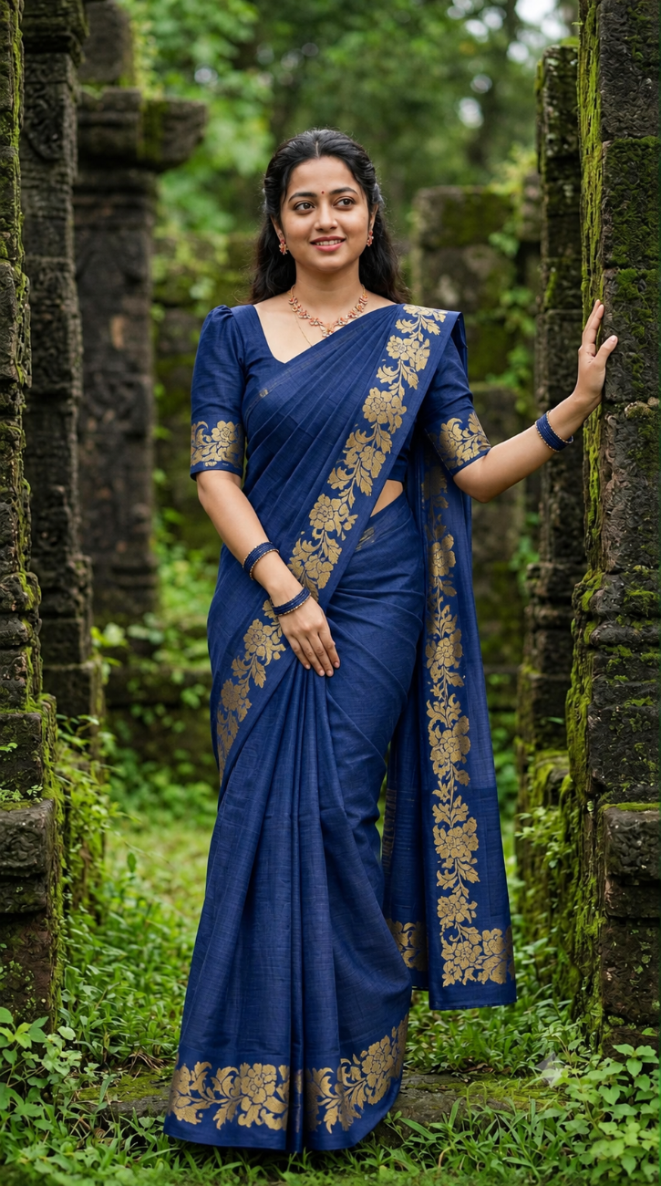 Royal Indigo with golden floral design tussar silk saree