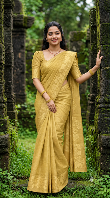 Golden beige color with golden floral design tussar silk saree