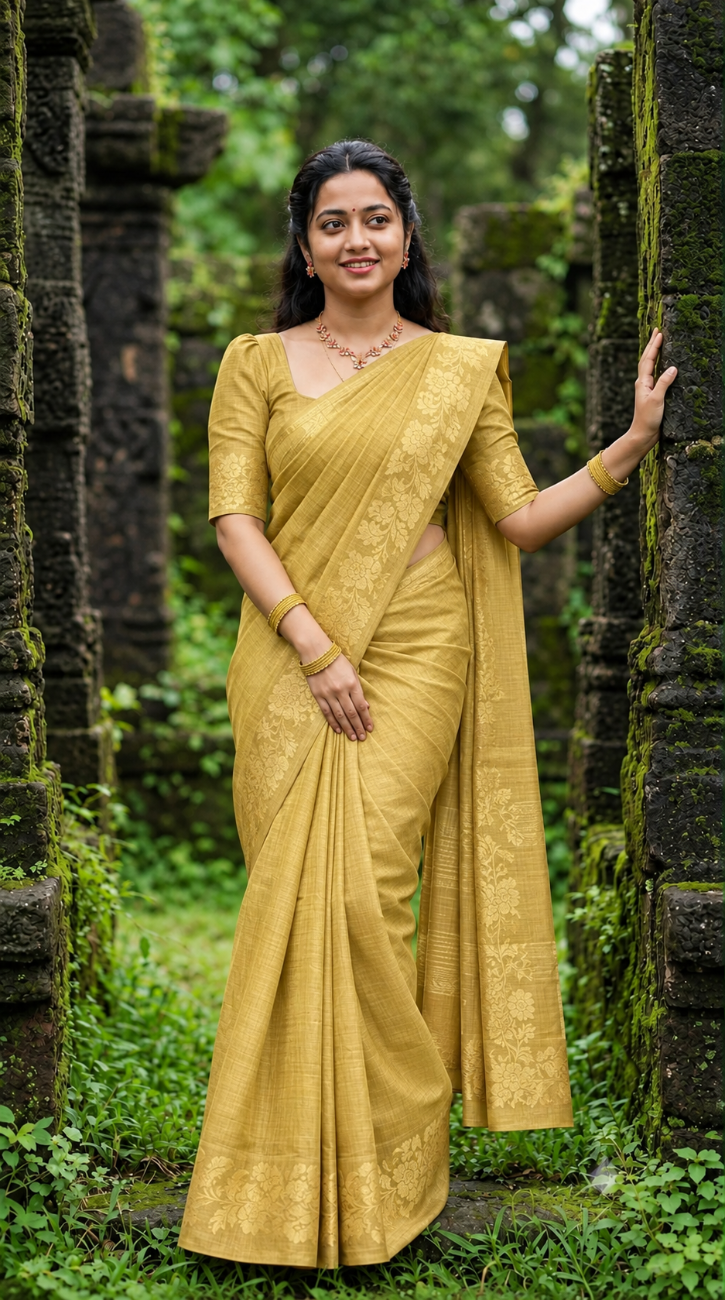 Golden beige color with golden floral design tussar silk saree