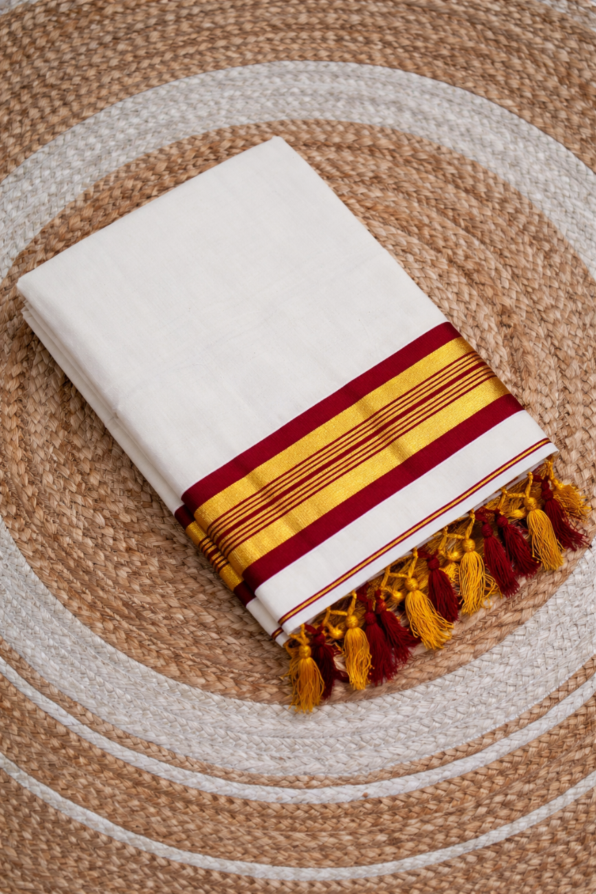 MAROON COLOR WITH GOLDEN ZARI WORK KERALA PURE COTTON KASAVU SAREE