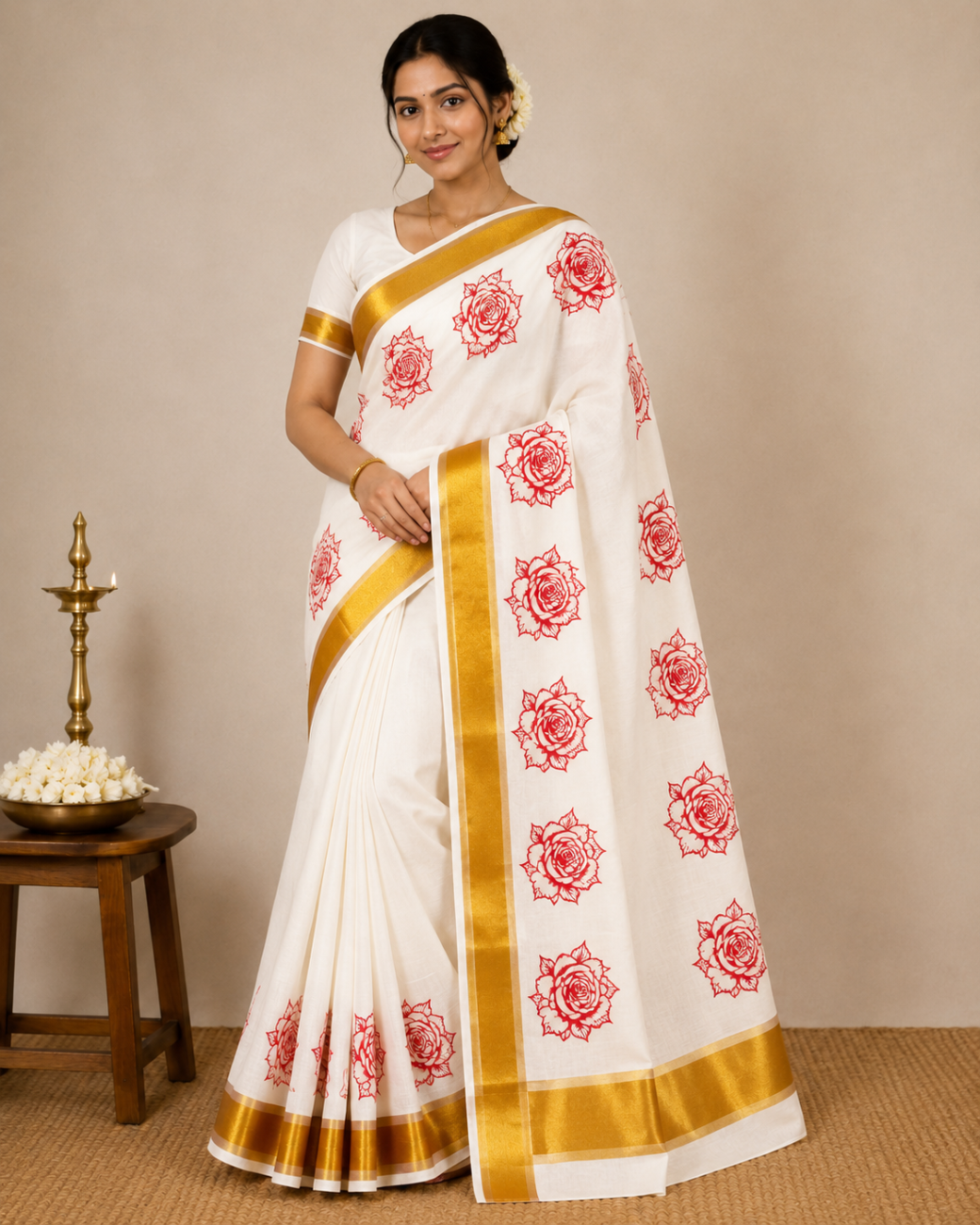 kerala kasavu cotton saree with red color rose printed designs