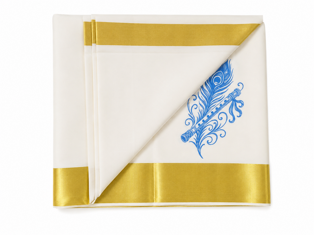 kerala kasavu saree with blue color peacock feather printed designs