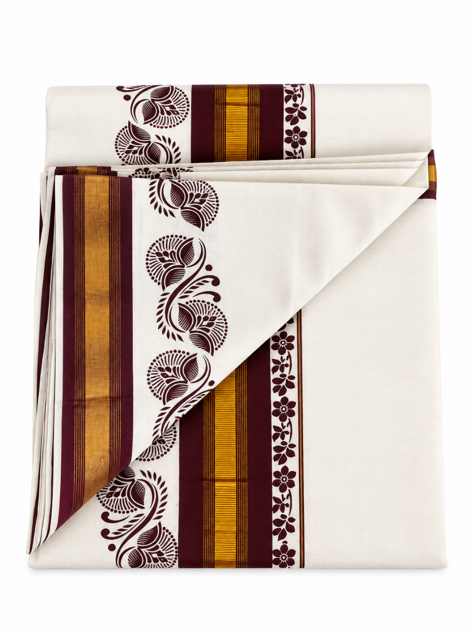 kerala kasavu saree with coffee brown color printed designs