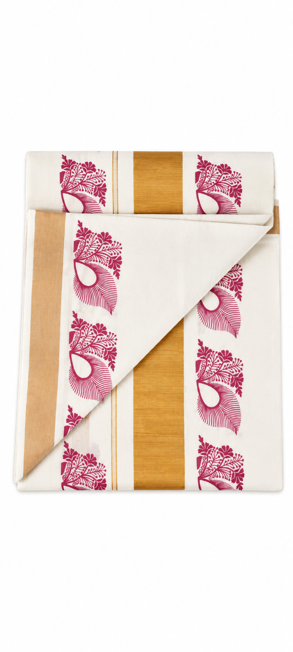 kerala kasavu saree with maroon color floral print designs