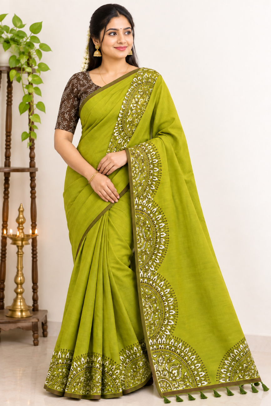 Elegant Olive Green Dark With Brown Printed Blouse Piece South Cotton Saree