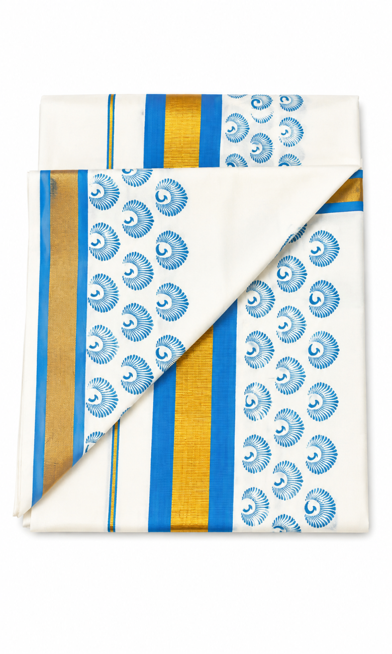 kerala kasavu saree with blue color printed saree