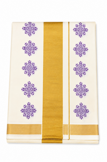 kerala kasavu saree with lavender color print saree