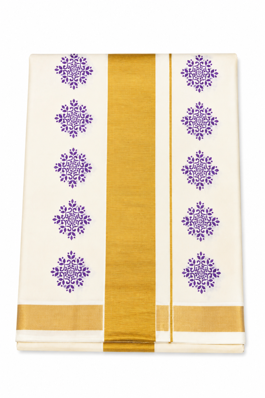 kerala kasavu saree with lavender color print saree