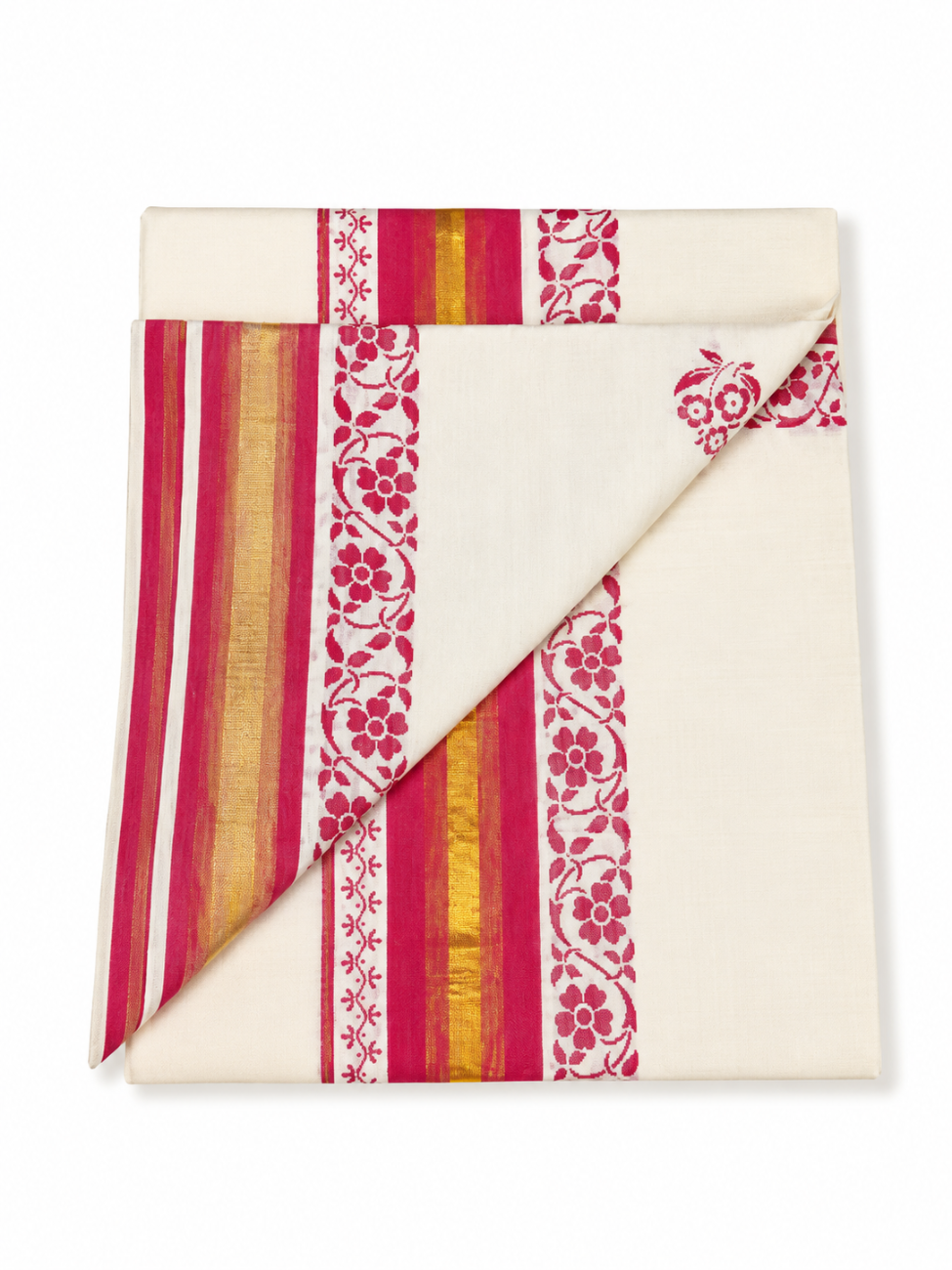 kerala kasavu saree with magenta color floral printed design