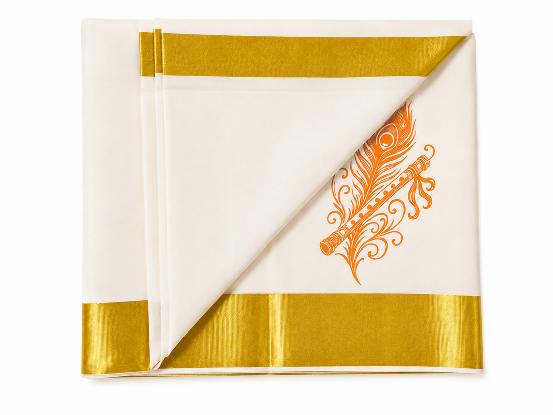 kerala kasavu saree with orange color peacock and flute print design