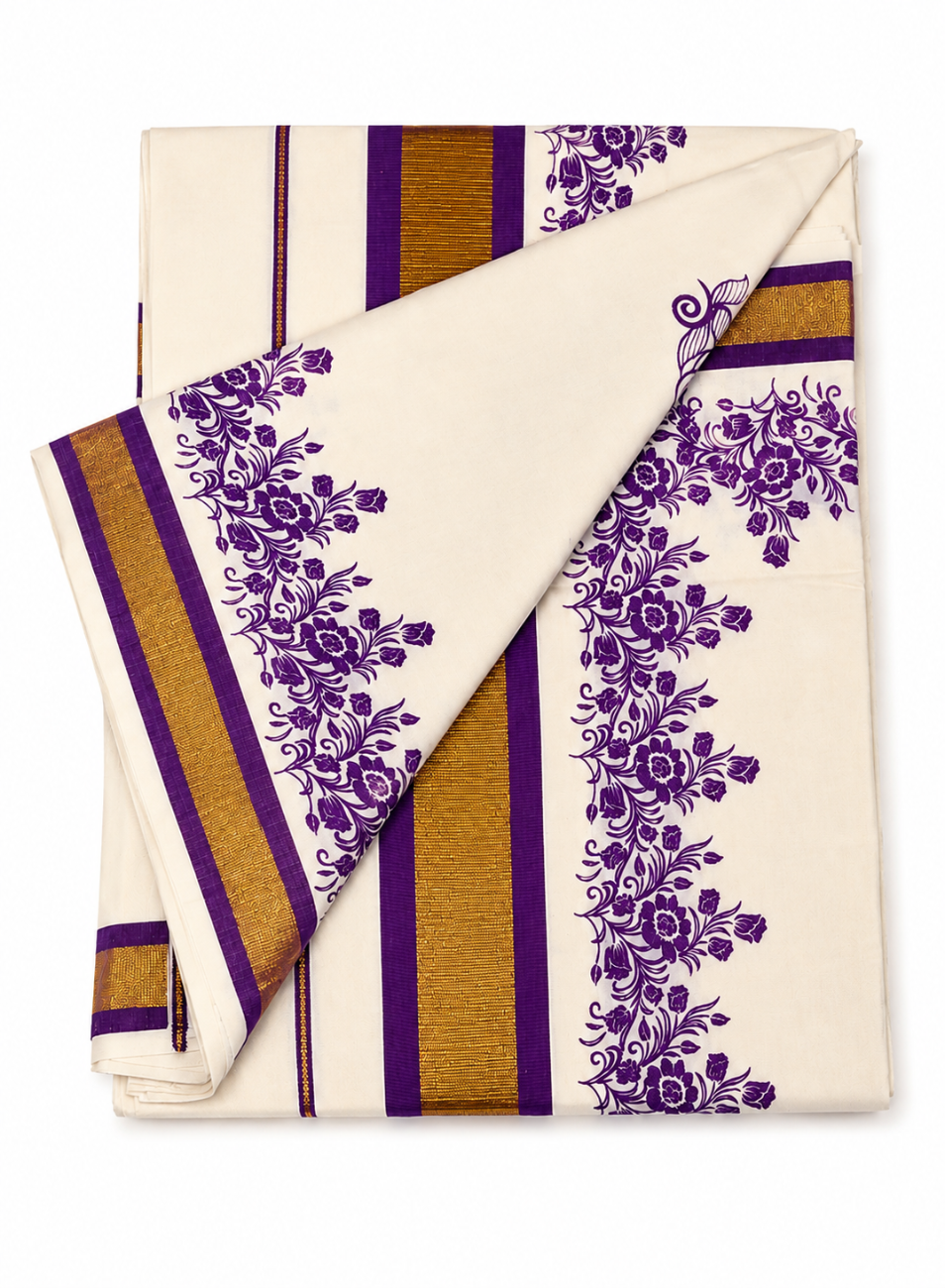 kerala kasavu saree with violet color floral print designs