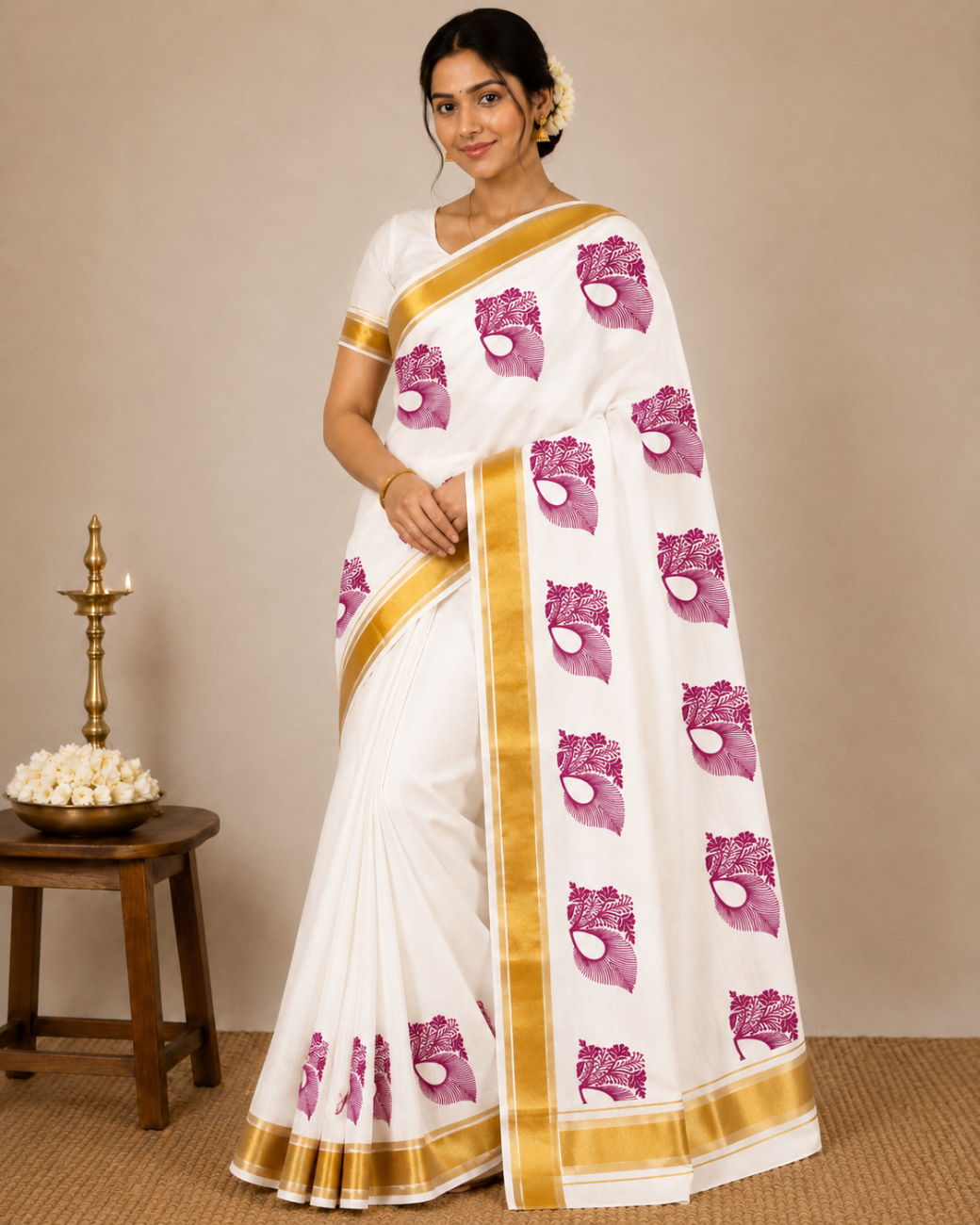 kerala kasavu saree with maroon color floral print designs