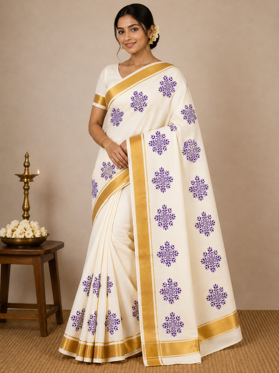 kerala kasavu saree with lavender color print saree