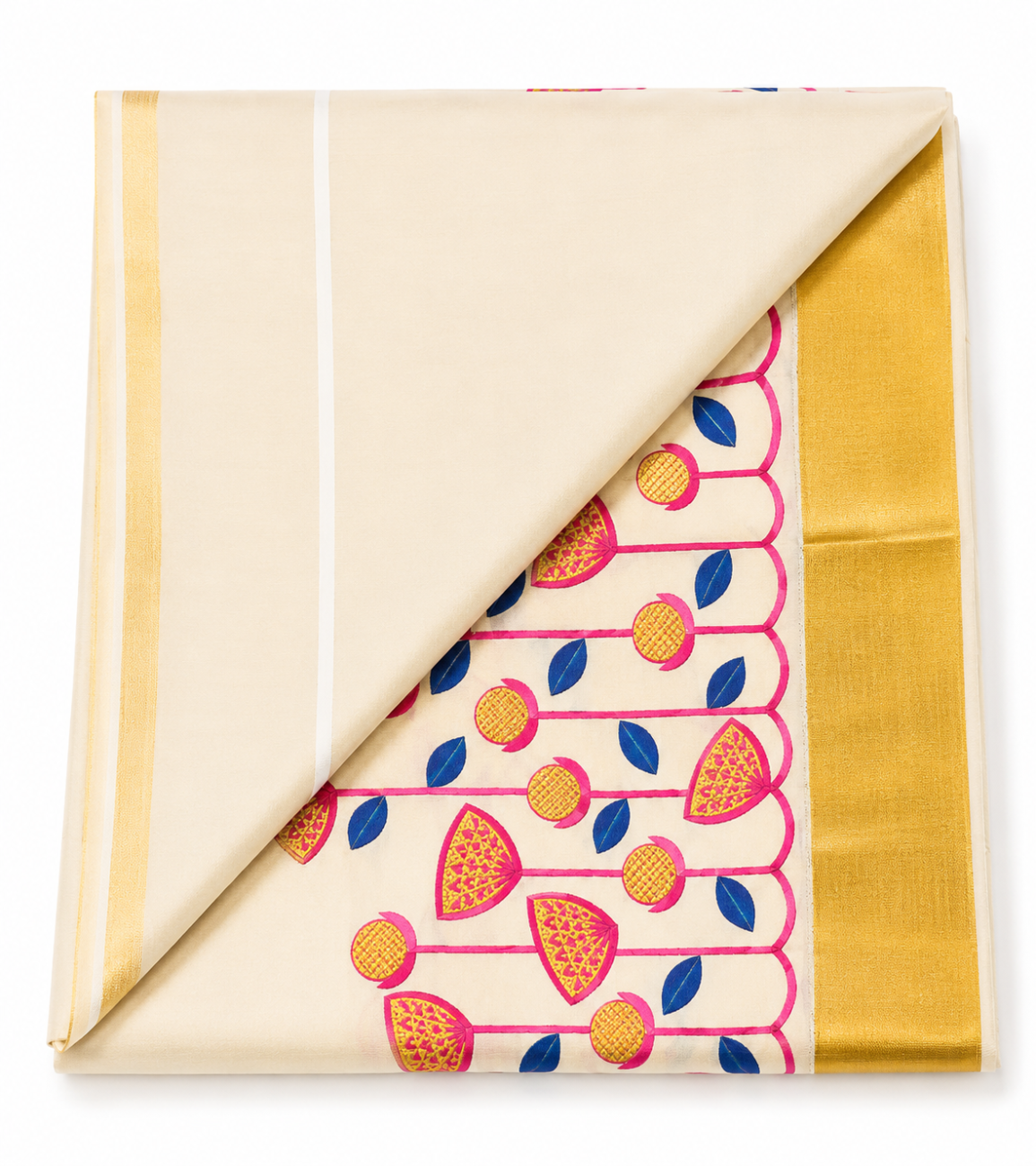 Kerala kasavu tissue saree with magenta floral embroidery design