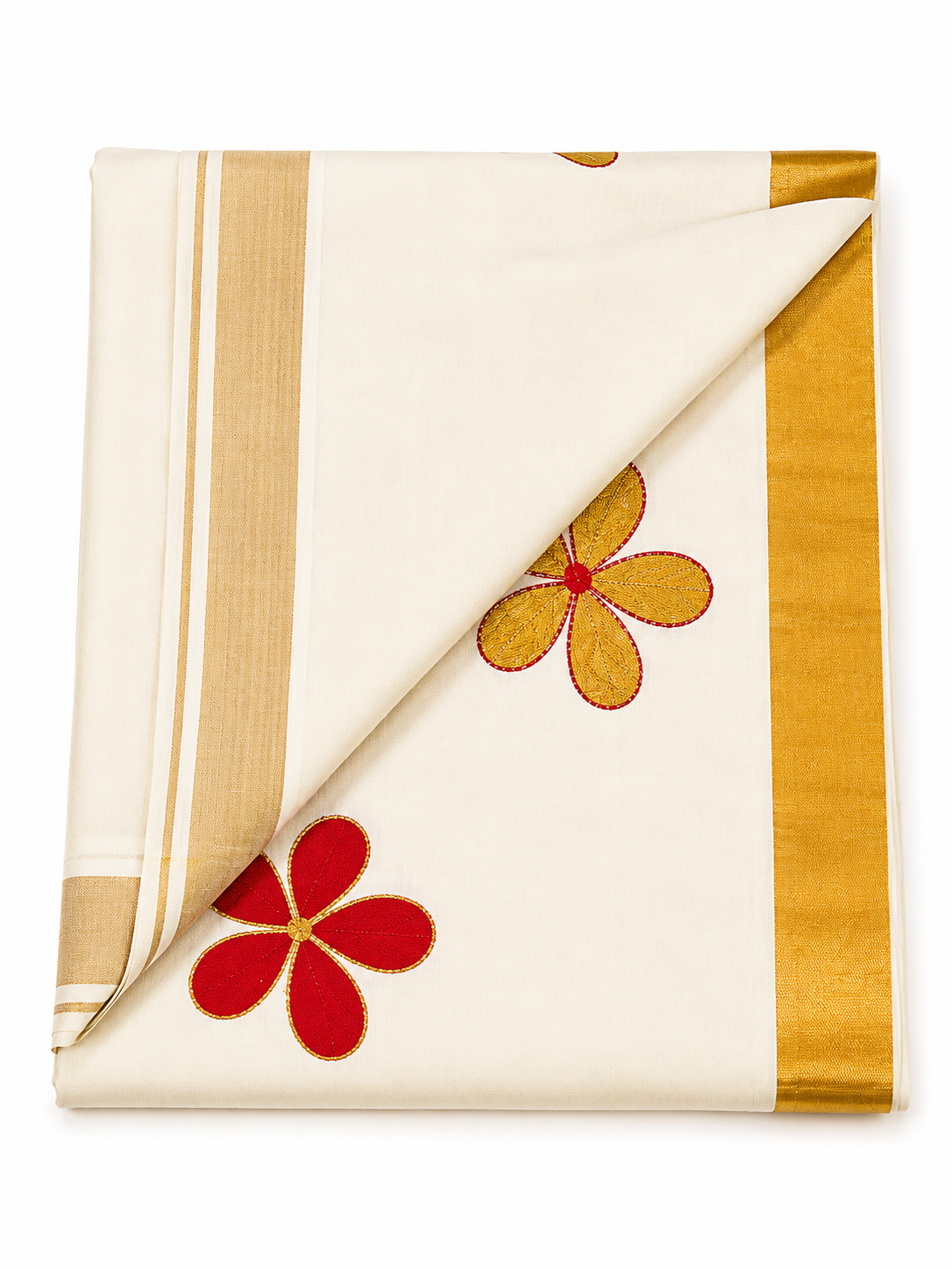 Kerala Kasavu saree with red and golden color floral embroidery