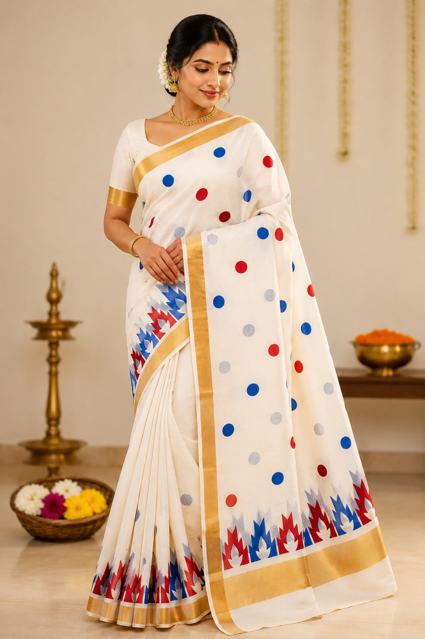 Kerala kasavu saree with red and blue printed design