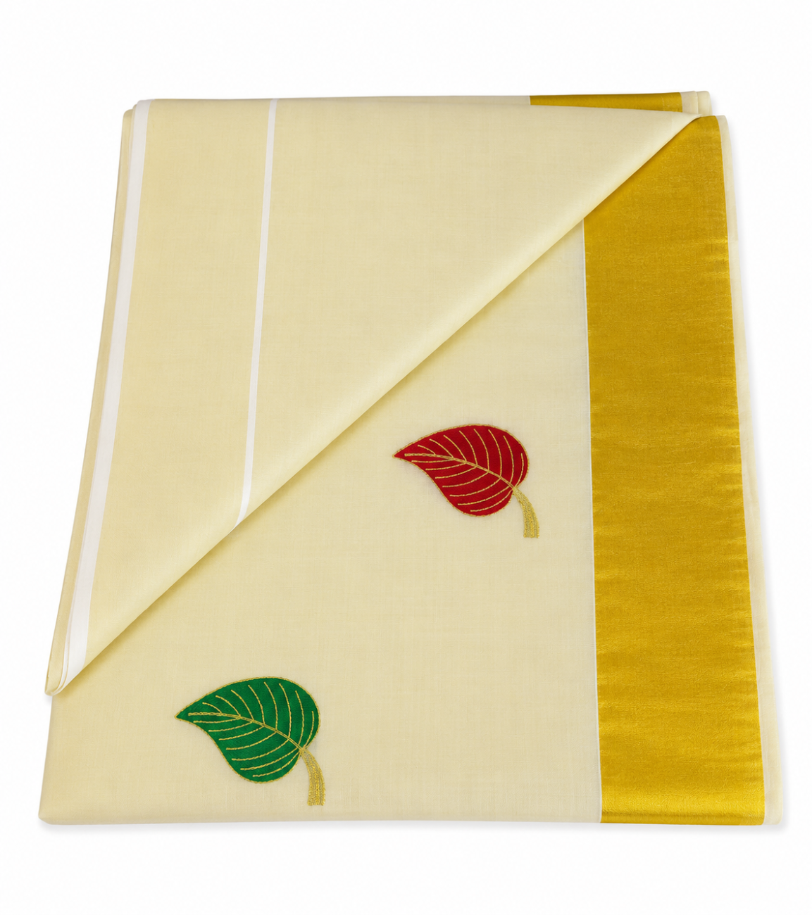 Kerala kasavu tissue saree with red and green leafy embroidery design