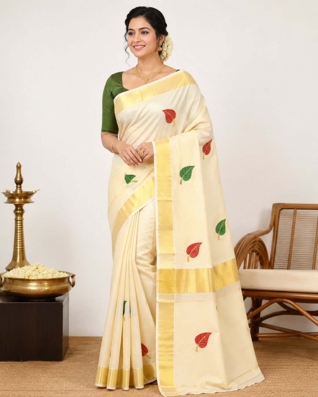 Kerala kasavu tissue saree with red and green leafy embroidery design