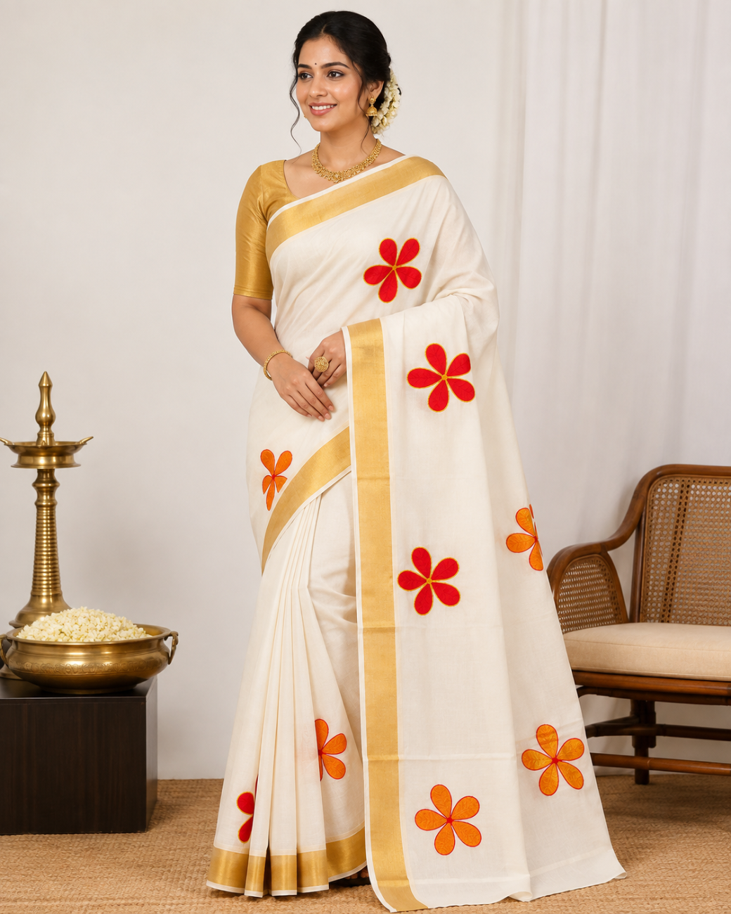 Kerala Kasavu saree with red and golden color floral embroidery