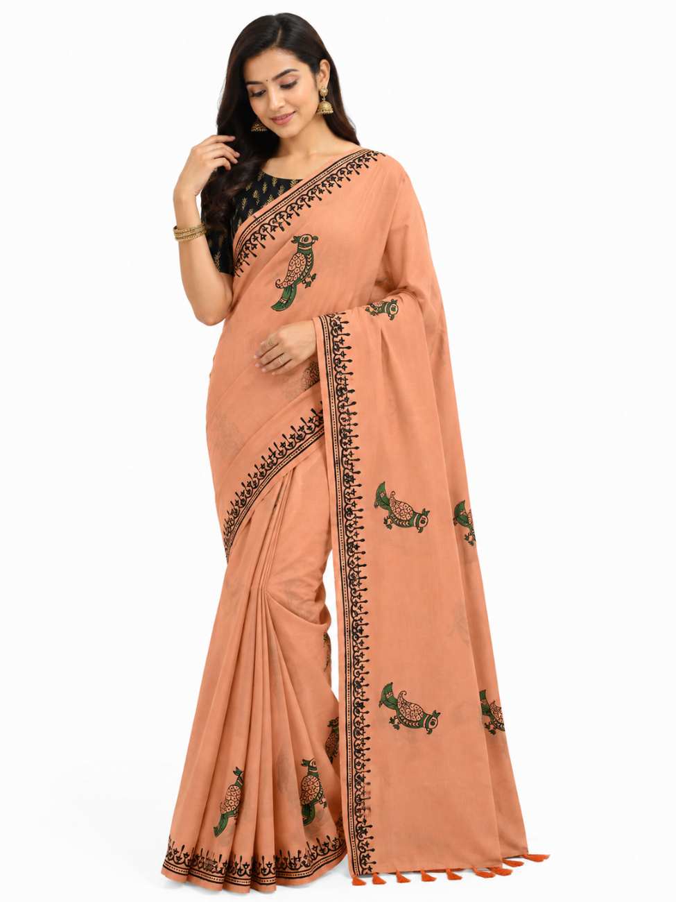 Peach Colour With Neavy Blue Blouse South Cotton Saree