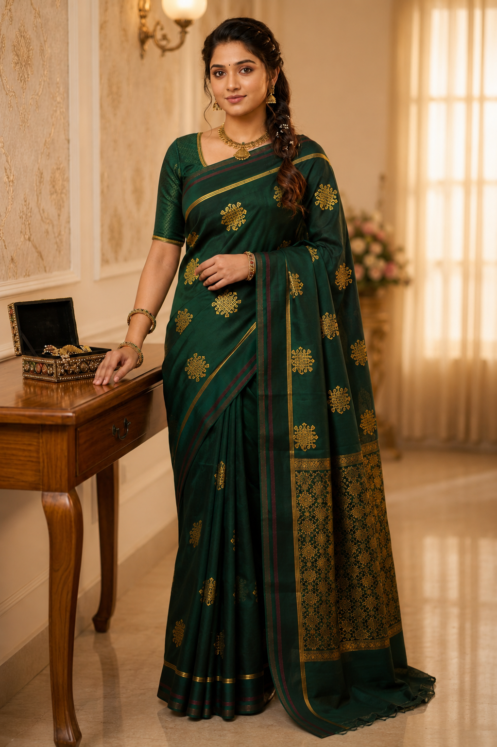 Bottle green soft silk saree