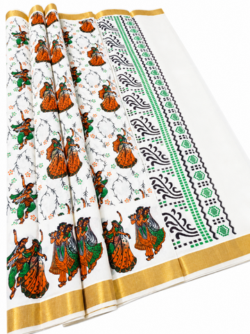 Kerala cotton saree with Dancing figures printed design