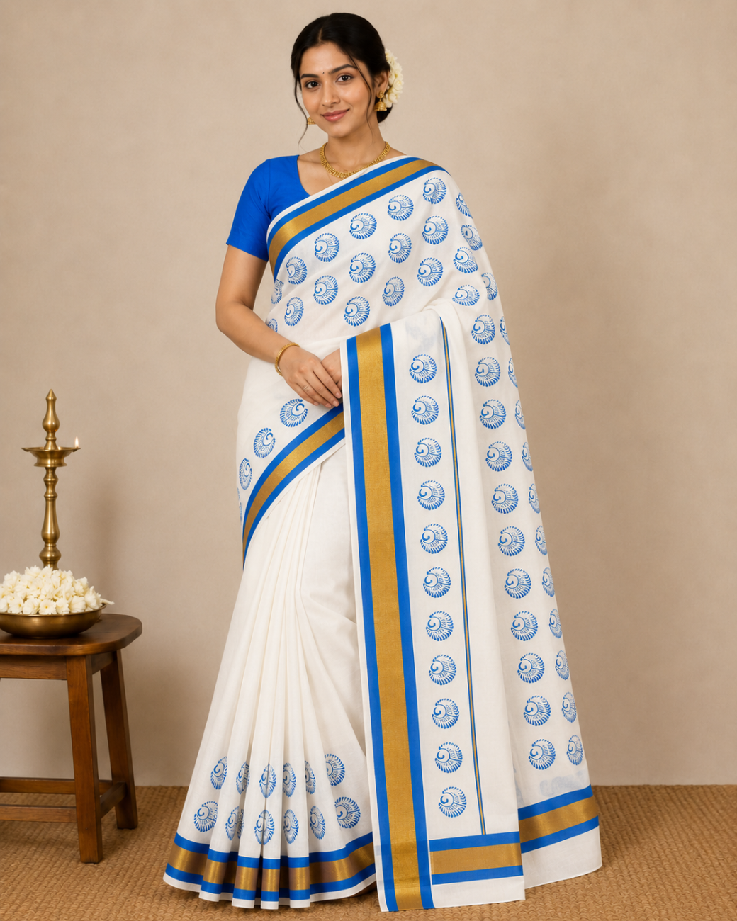 kerala kasavu saree with blue color printed saree
