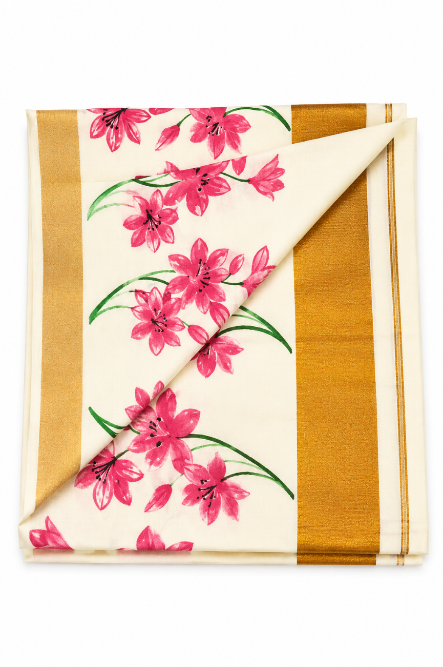 KERALA KASAVU SAREE WITH PINK FLORAL PRINT