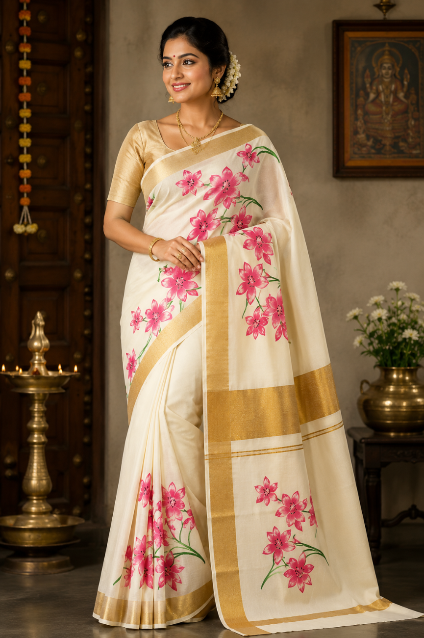 KERALA KASAVU SAREE WITH PINK FLORAL PRINT