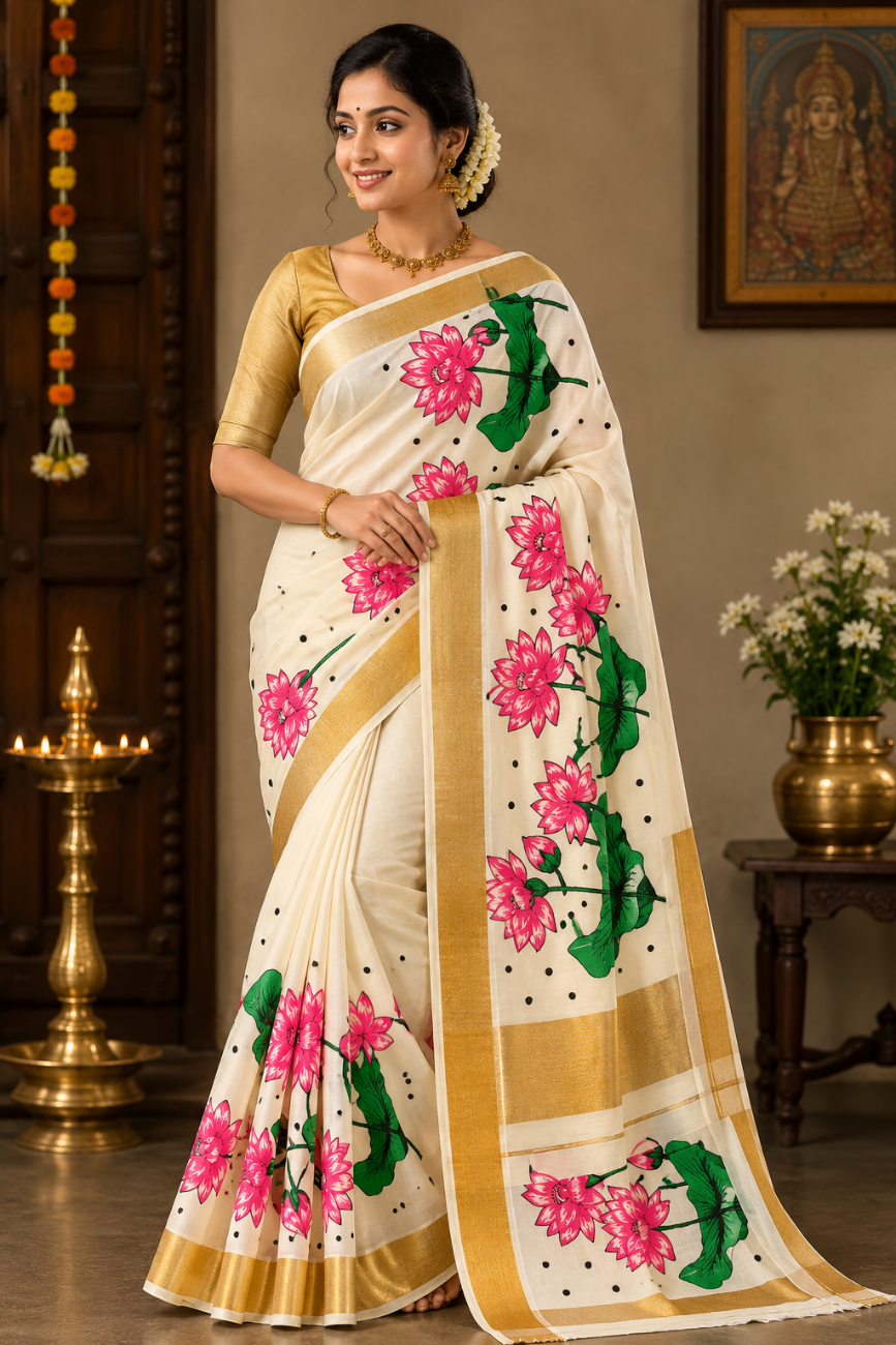 KERALA KASAVU SAREE WITH PINK LOTUS FLORAL PRINT DESIGNS