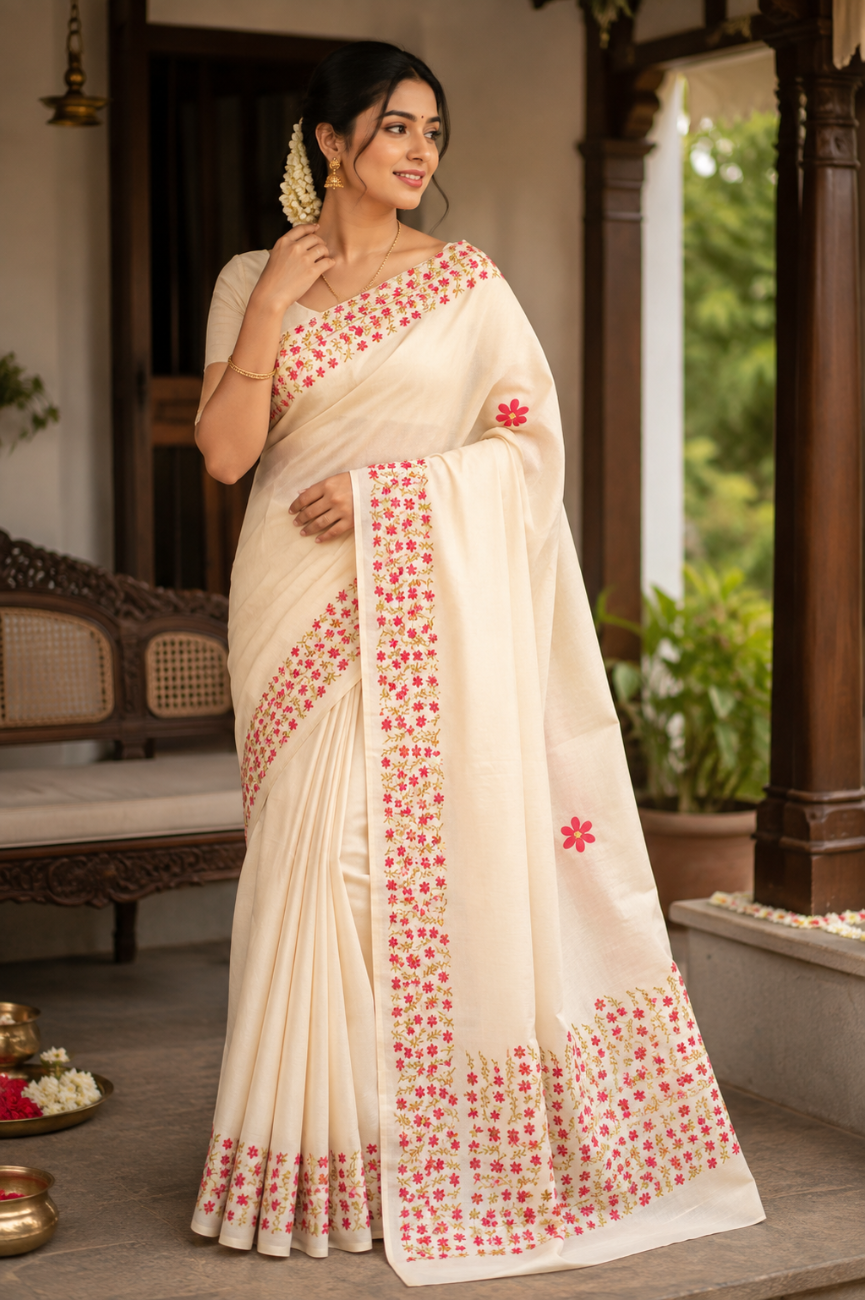 KERAL KASAVU SAREE WITH PINK FLORAL PRINT DESIGNS