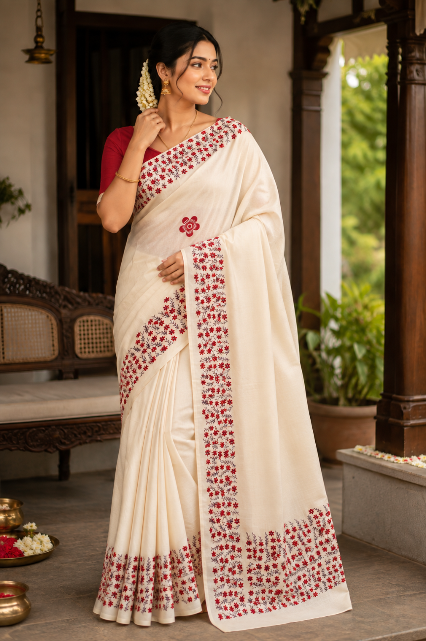 KERALA KASAVU SAREE WITH RED COLOR FLORAL PRINT DESIGNS