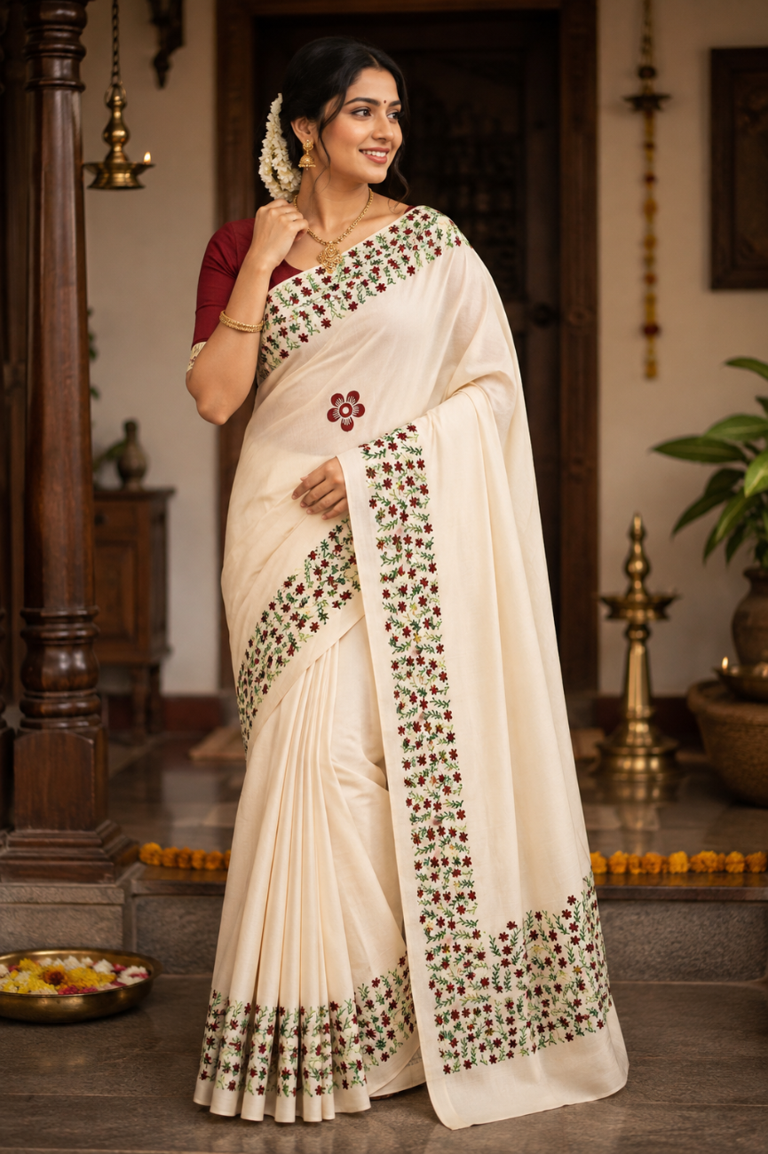 KERALA KASAVU SAREE WITH MAROON COLOR FLORAL PRINT DESIGNS