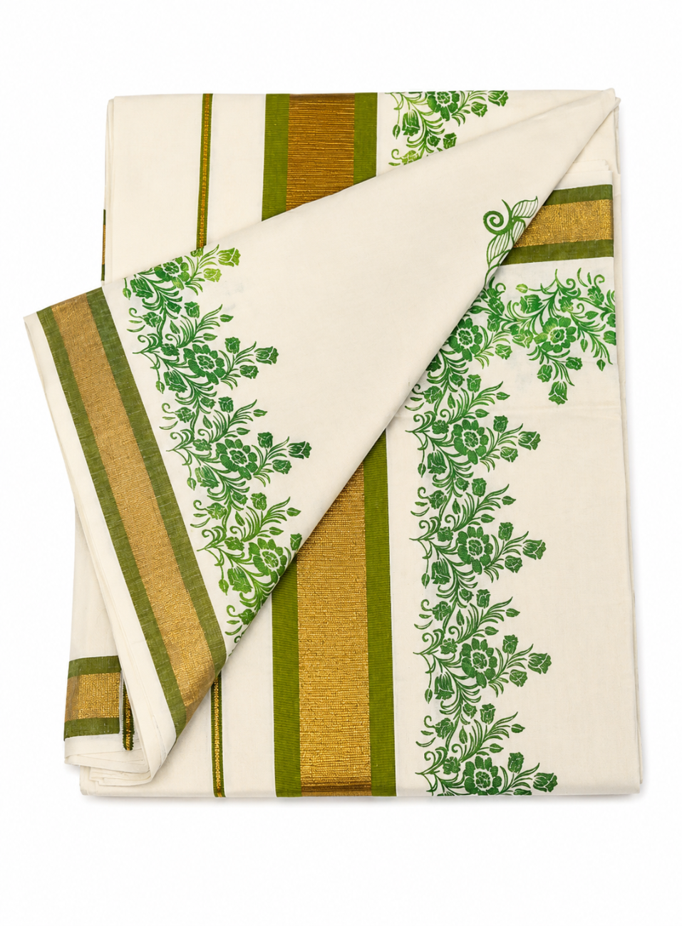 KERALA KASAVU COTTON SAREE WITH LIGHT GREEN FLORAL PRINT DESIGN