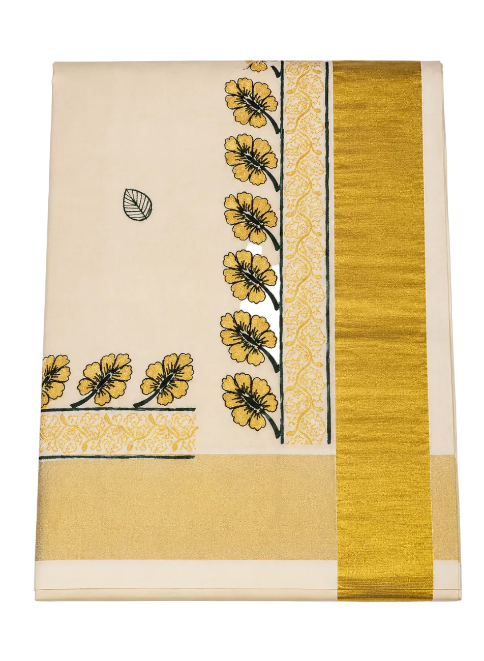 KERALA KASAVU SAREE WITH GREEN COLOR EMBROIDERY DESIGNS