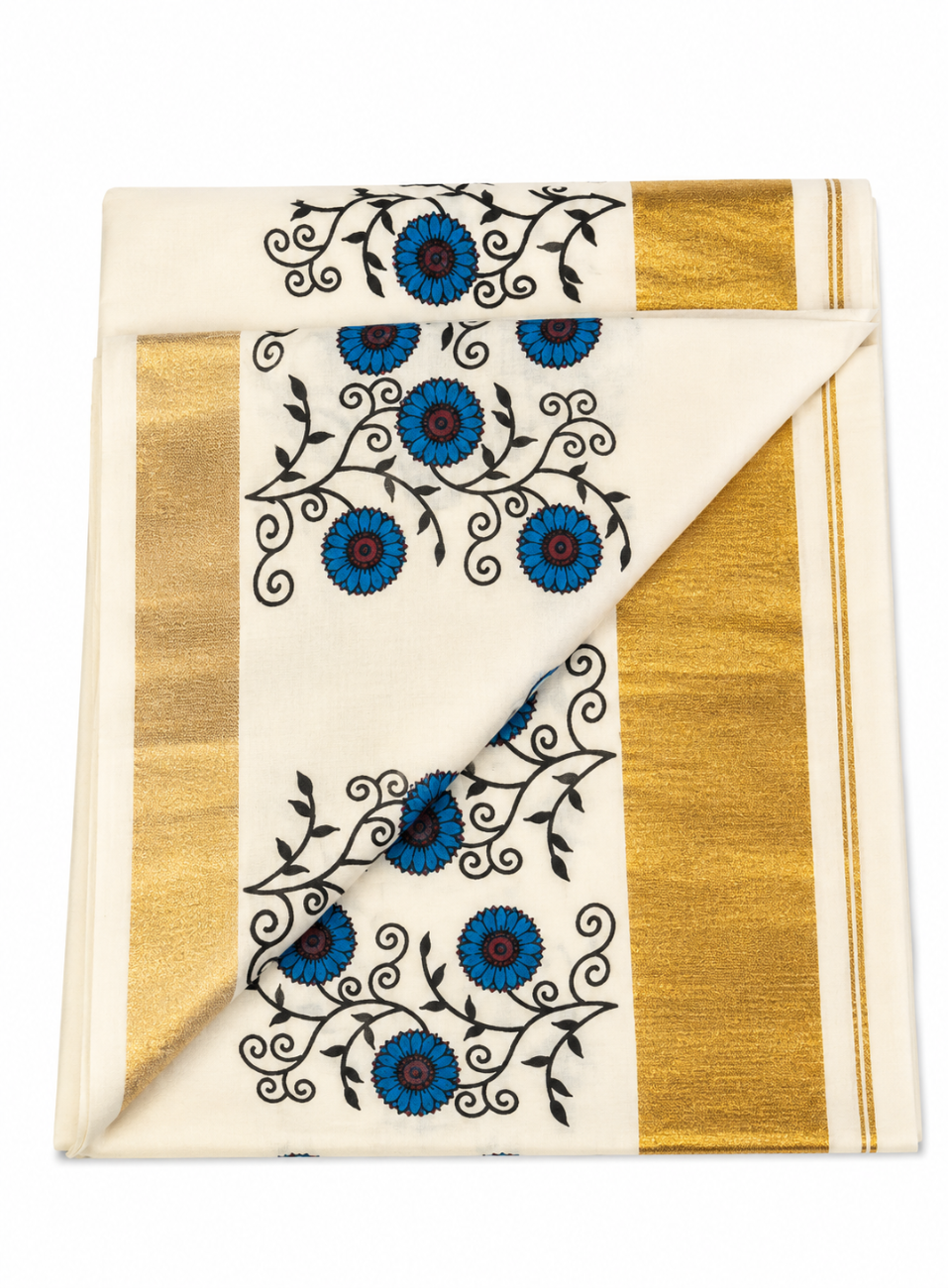 KERALA KASAVU SAREE WITH BLUE COLOR FLORAL PRINT DESIGNS