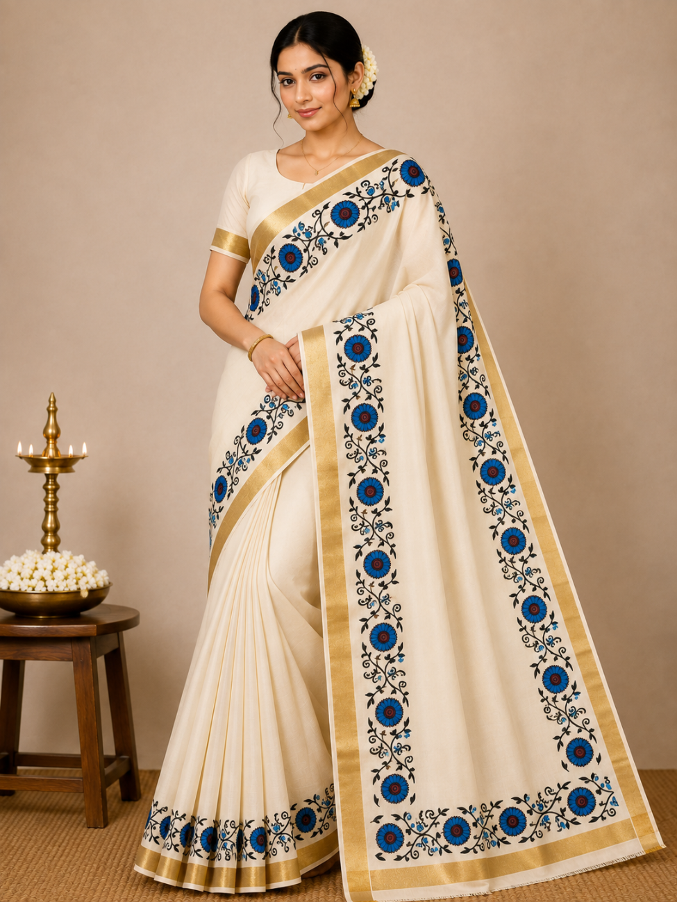 KERALA KASAVU SAREE WITH BLUE COLOR FLORAL PRINT DESIGNS