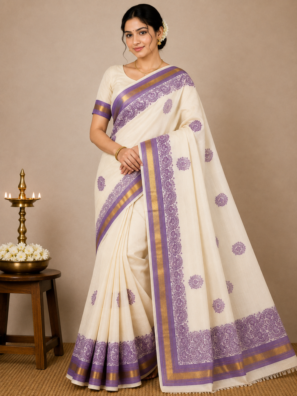KERALA KASAVU SAREE WITH LAVENDER COLOR DESIGNS